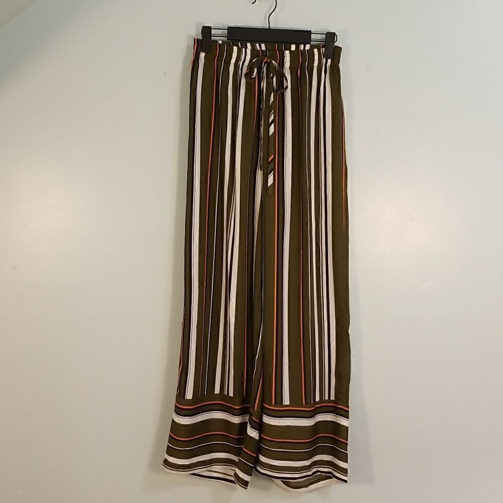 Umgee,wide leg, olive/black/cream/orange striped high waisted pants.  Sm. NWT.